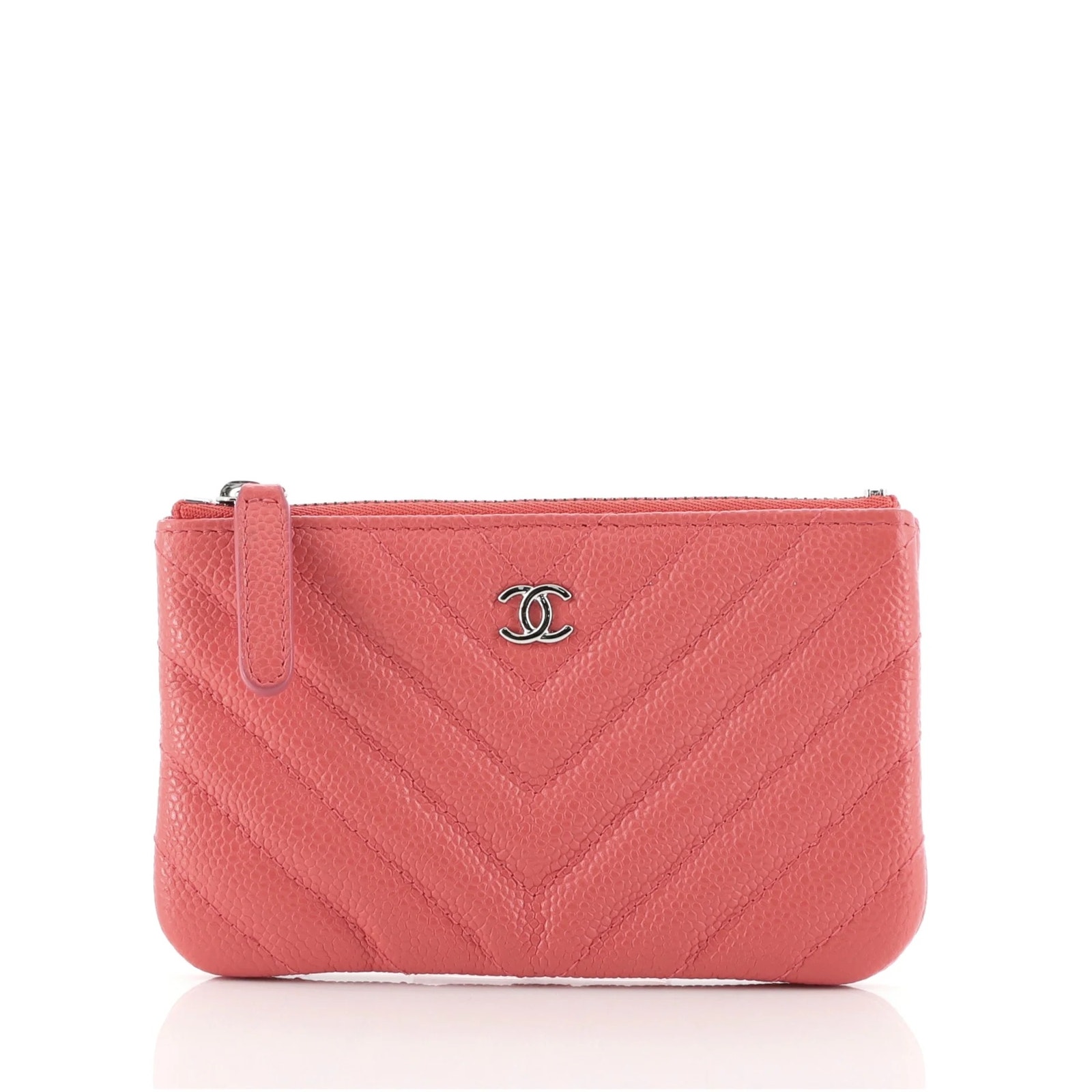 Chanel Coral Pink/Silver Classic-O Case Pouch Chevron Caviar Mini